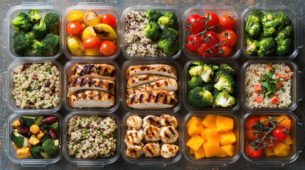 Meal prep table featuring vibrant containers with grilled chicken, quinoa, and fresh vegetables for a healthy lifestyle