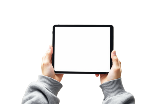 Hands holding tablet with empty screen for design presentation on white background. Closeup view, perfect for branding or content display. Ai generative