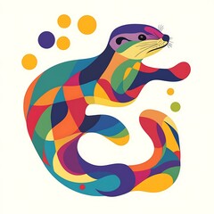 Fototapeta premium Colorful otter illustration, abstract design, playful animal, background with shapes, graphic art