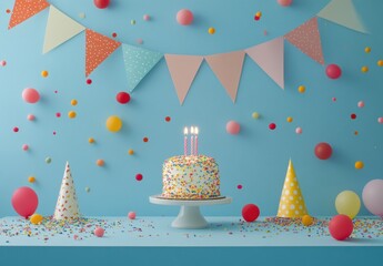 Festive Birthday Celebration with Colorful Cake, Balloons, Streamers, and Decorations in a Bright Blue Setting