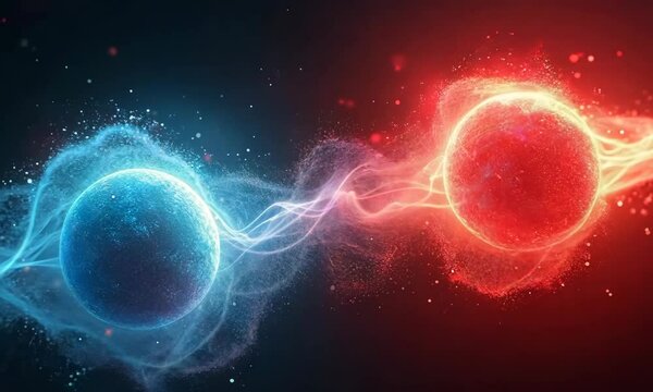 Two luminous spheres, one blue and one red, float in a dark space, connected by a swirling, glowing thread of energy, with tiny particles scattered around them
