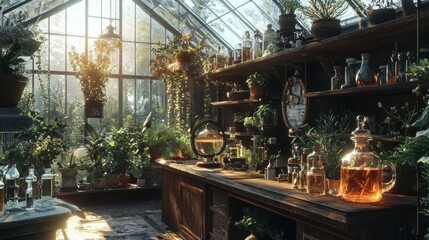 Serenity in a Botanical Greenhouse filled with Exotic Plants, Vintage Vessels, and Natural Light Illuminating the Space