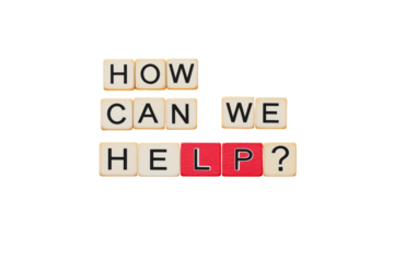 Wooden letter tiles forming the phrase How Can We Help? with two red tiles, isolated on a white background. Concept of assistance and customer support. Ai generative