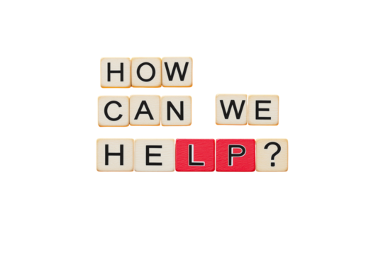 Wooden letter tiles forming the phrase How Can We Help? with two red tiles, isolated on a white background. Concept of assistance and customer support. Ai generative