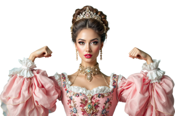 Elegant woman in a baroque gown with intricate jewelry and a tiara flexing her arms, isolated on a white background, symbolizing strength and confidence. Ai generative