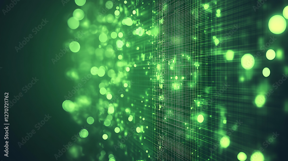 Poster green tech matrix digital network glowing particles data system abstract visualization