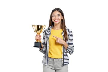 Young woman in striped shirt and yellow top holding a golden trophy, pointing at it with a smile, isolated on white background. Success and achievement concept. Ai generative