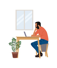 Business man, entrepreneur, programmer sitting at the desk, working on laptop computer in office. Handsome bearded male character side view. Vector realistic illustration isolated
