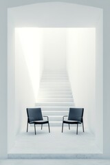 Fototapeta premium Two dark chairs facing each other in a minimalist white room with stairs leading to a bright light source.