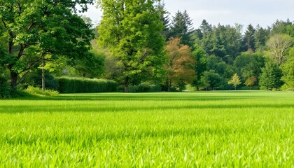 Fototapeta premium Un campo verde con árboles al fondo