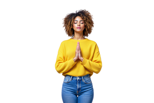 Young woman wearing a yellow sweater and blue jeans, meditating with hands in prayer position, eyes closed, on white background. Concept of mindfulness. Ai generative - Powered by Adobe