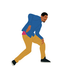 Young black man in trendy street fashion clothes dancing at club or music concert. Male cartoon character having fun at dance party. Flat colorful vector illustration isolated