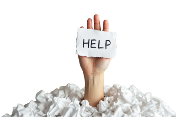A hand emerges from a pile of crumpled paper, holding a torn piece of paper with the word HELP written on it, isolated on a white background. Ai generative