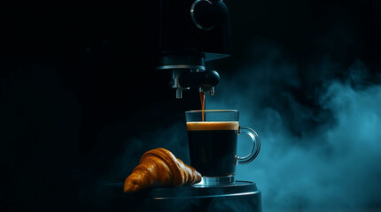 Hot coffee flow to a cup on espresso machine, minimal style, Dark Dramatic Lighting.