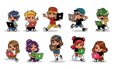Kids with laptop vector illustration set