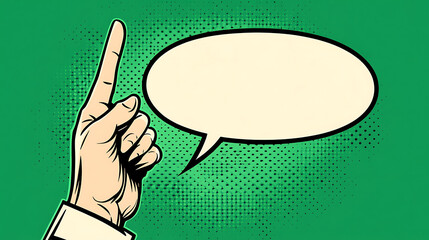 Hand Pointing with Speech Bubble in Retro Pop Art Style Comic Book Illustration Graphic Design