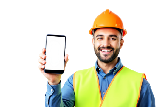 Smiling construction worker in safety gear holding smartphone with blank screen, isolated on white background. Concept of technology in construction. Ai generative