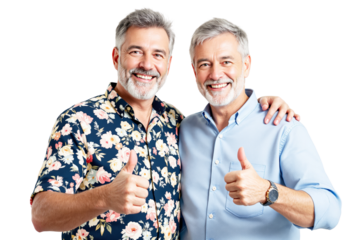 Two happy senior men with gray hair and beards giving thumbs-up, one in a floral shirt and the other in a blue shirt, isolated on a white background. Ai generative