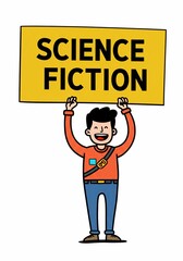 Man holding a board with the text Science Fiction