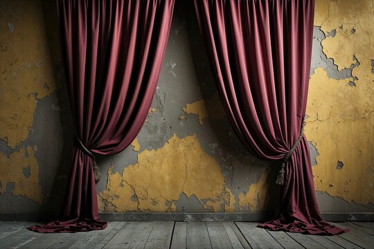 Somber Burgundy Theater Curtain Against a Deteriorated Yellow Wall: An Expression of Muted Energy and Atmospheric Detail