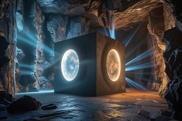 Obraz premium A Stunning 3D Artwork of a Cube-Shaped Corridor with Rugged Walls and Illuminating Rays