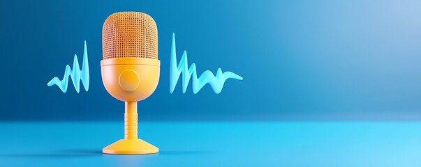 A vibrant yellow microphone stands on a blue background, accompanied by sound waves, symbolizing audio, music, and broadcasting.