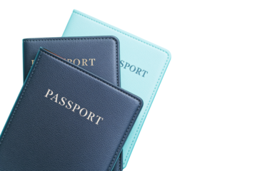 Three stylish passport covers in blue and turquoise shades, isolated on white background. Perfect for travel accessories and identity protection. Ai generative