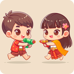 Thai couple in Thai costume splash water for Songkran festival, Happy cute kids splashing water during Water Songkran festival, Thailand culture, Water festival, Vector illustrator