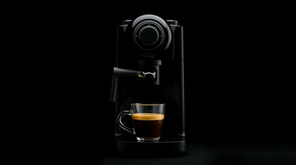 Hot coffee flow to a cup on espresso machine, minimal style, Dark Dramatic Lighting.