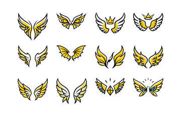 Obraz premium Unique collection of angel wings in cartoon doodle line art and trendy hand-drawn flat style vector illustrations.