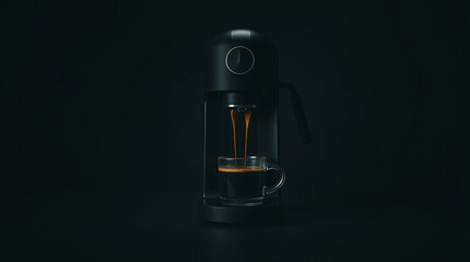 Hot coffee flow to a cup on espresso machine, minimal style, Dark Dramatic Lighting.