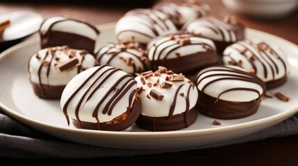Chocolate-covered marshmallow cookies with white icing and chocolate drizzle