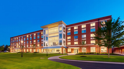 Obraz premium Modern Multi-Story Hotel Building with Night Lighting - Luxury Accommodation and Hospitality Stock Image