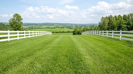 Countryside view, grassy hill, white fence, scenic landscape, ideal for wallpapers or postcards