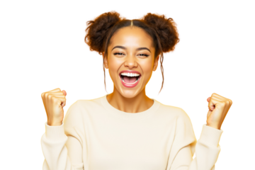 Happy young woman with a bright smile and clenched fists, expressing excitement and celebration. Isolated on white background. Concept of success and joy. Ai generative