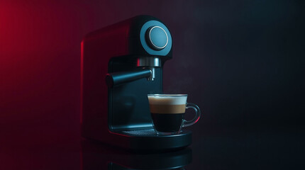 Hot coffee flow to a cup on espresso machine, minimal style, Dark Dramatic Lighting.