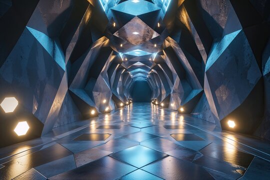 A Captivating 3D Composition of a Sprawling Corridor with Heptagon Geometry and Luminescent Elements