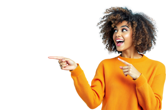 Smiling woman in an orange sweater pointing to the left with both hands, excited expression, curly hair, isolated on white background. Concept of advertisement. Ai generative