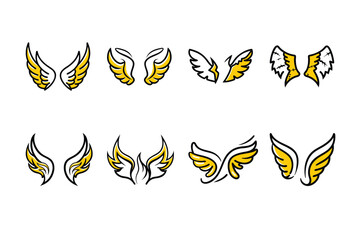 Unique collection of angel wings in cartoon doodle line art and trendy hand-drawn flat style vector illustrations.