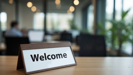 A Wooden Desk Displays a 'welcome' Sign in a Well-Lit Modern Office, Conveying a Friendly Atmosphere for New Arrivals