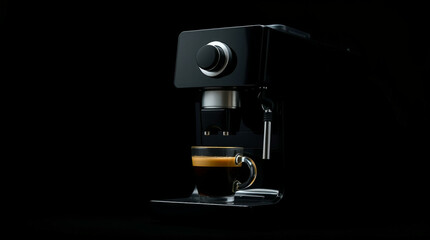 Hot coffee flow to a cup on espresso machine, minimal style, Dark Dramatic Lighting.