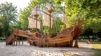 Wooden Pirate Ship Playground in a Lush Green Park