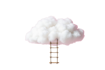 Fluffy white cloud with wooden rope ladder attached, isolated on white background. Concept of imagination, creativity, dreams, and aspirations. Ai generative