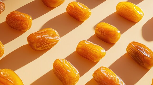 Rows of Degla Beida dates in a vibrant setting, light golden color and mild sweetness, showcasing their rich texture and natural color.