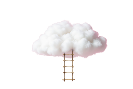 Fluffy white cloud with wooden rope ladder attached, isolated on white background. Concept of imagination, creativity, dreams, and aspirations. Ai generative