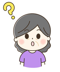 はてなと疑問を持つおばあさんの上半身のゆるかわイラスト