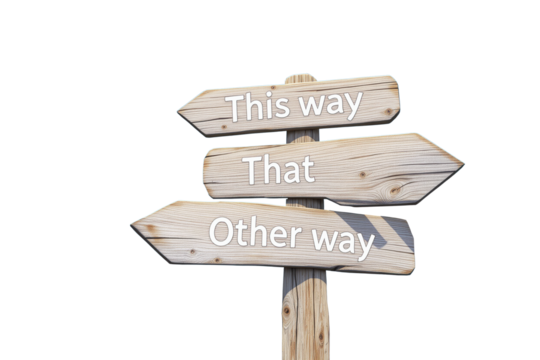 Wooden directional signpost with three arrows labeled This way, That, and Other way, isolated on a white background. Concept of choices and decisions. Ai generative - Powered by Adobe