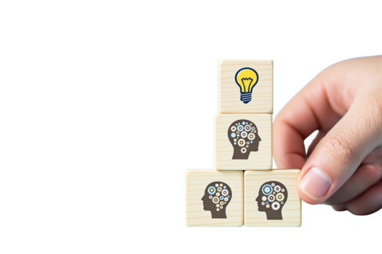 Hand stacking wooden blocks with brain gears and a light bulb icon, isolated on white background. Concept of creativity, innovation, and teamwork. Ai generative - Powered by Adobe