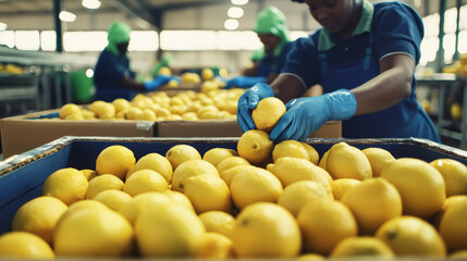 Harvest workers carefully sort fresh lemons at an organic fruit factory in South Africa under a sunny sky