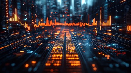 Futuristic urban nightscape with data visualization and city lights